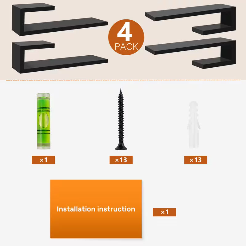 4‑Piece Modern Floating Shelf Set – 15.75" Wall‑Mounted Shelves for Home Storage & Décor (Black / White)