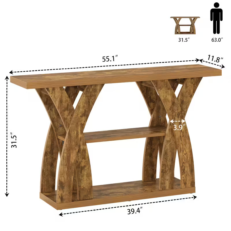 55" Rustic Farmhouse Console Table – X‑Leg Design, 2‑Tier Storage Shelf
