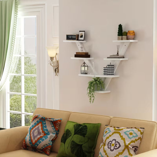 7‑Tier Wooden Floating Shelf – V‑Shaped Tree‑Branch Wall Shelf for Books, Plants & Décor (White)