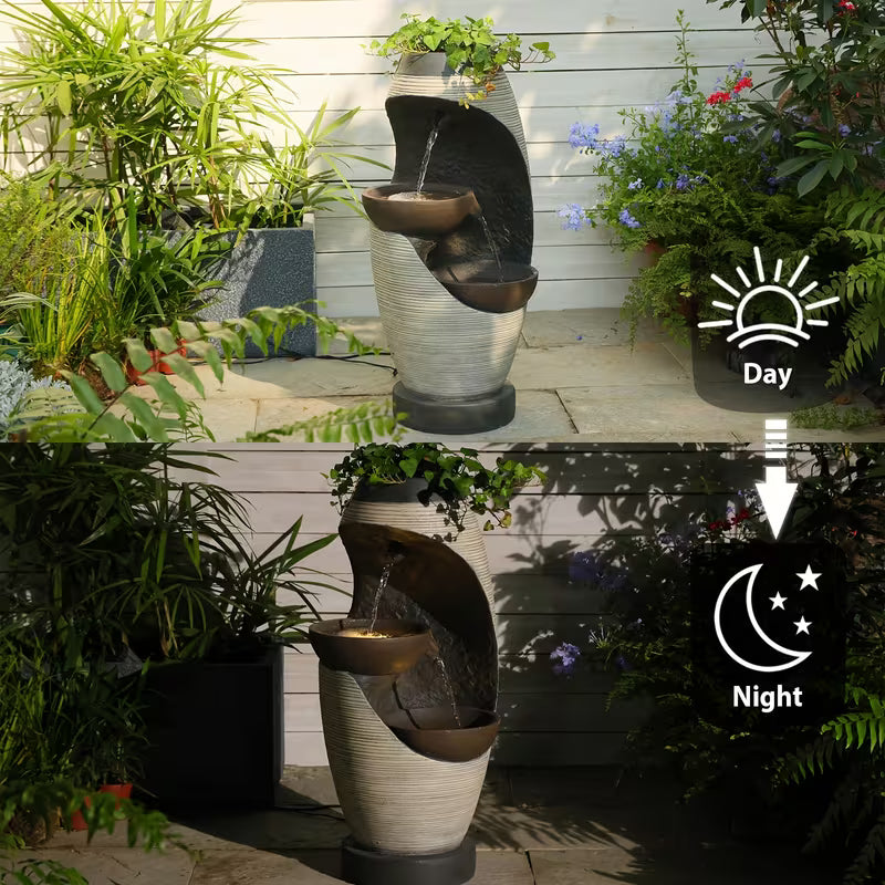 27.95" Indoor/Outdoor Water Fountain with LED Lights – 2‑Tier Resin Bowl Waterfall Fountain