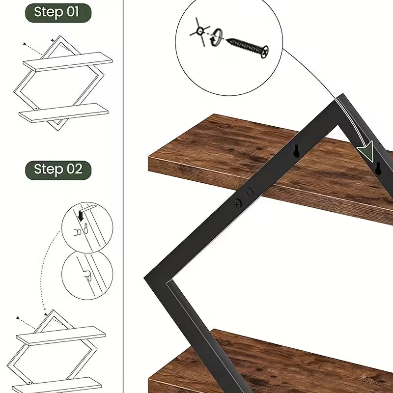 Floating Shelves – Set of 2 Two‑Tier Wall‑Mounted Shelves for Living Room, Bedroom, Kitchen & Office (Country Brown)