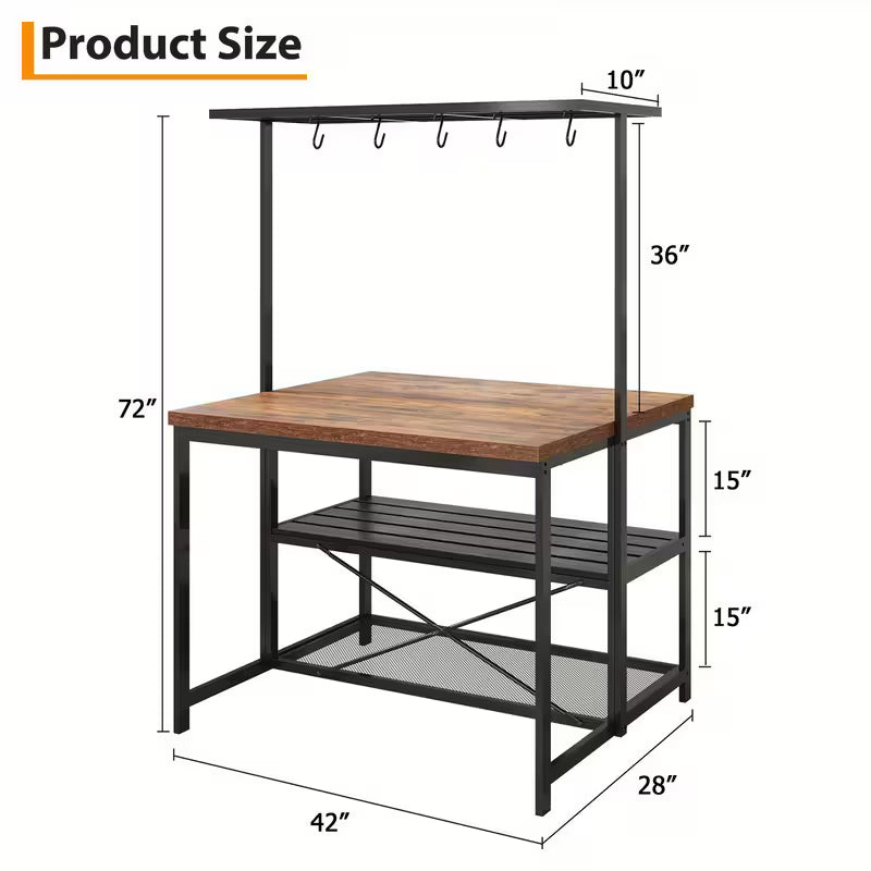 42" Multi‑Functional Kitchen Island with Storage & Seating – 3‑Tier Baker’s Rack, Microwave Stand & Dining Table (Brown)