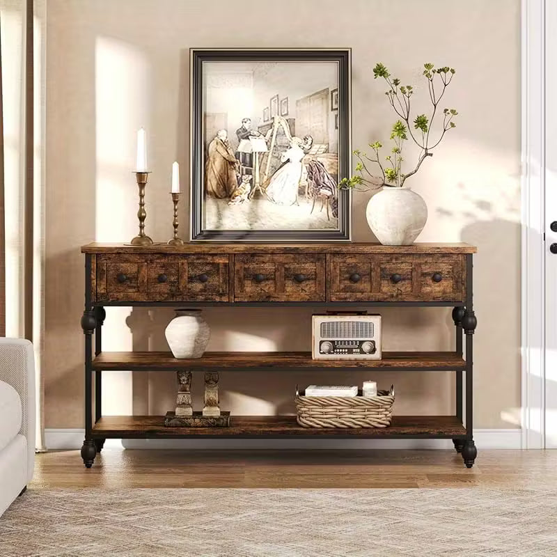 Industrial 3‑Tier Console Table with Drawers – Metal Frame, Open Storage & Rustic Finish
