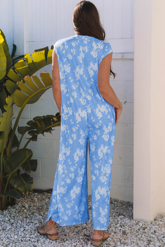 Myosotis Floral Print Half Button Wide Leg Relaxed Sleeveless Jumpsuit