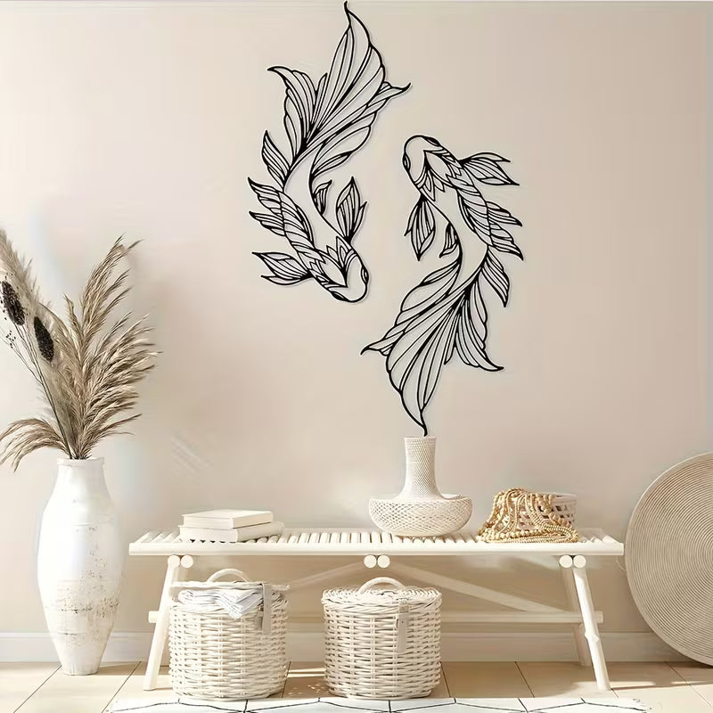 2‑Piece Koi Fish Metal Wall Art – Minimalist Line Art Feng Shui Decor for Living Room & Home