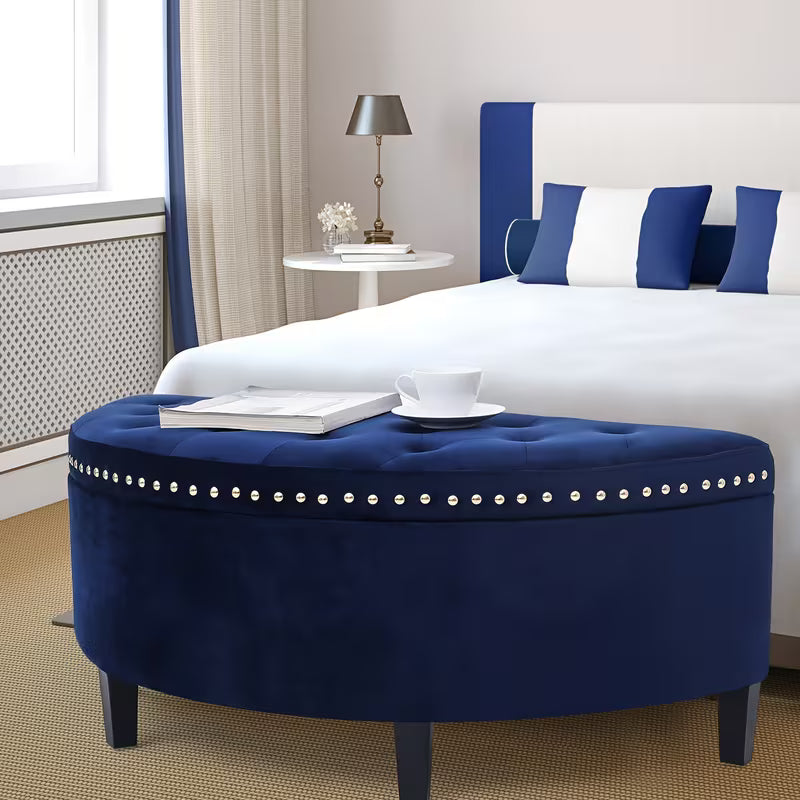 43.5" Velvet Half‑Moon Storage Bench with Tufting, Rivet Trim & Hardwood Frame (Multiple Colors)