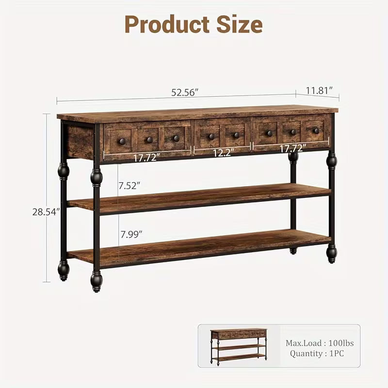 Industrial 3‑Tier Console Table with Drawers – Metal Frame, Open Storage & Rustic Finish
