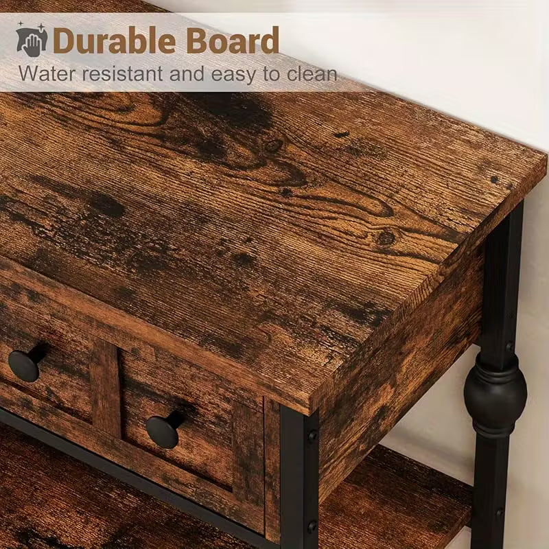 Industrial 3‑Tier Console Table with Drawers – Metal Frame, Open Storage & Rustic Finish