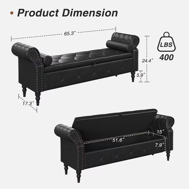 65" Upholstered Storage Bench – Faux Leather Tufted Bed Bench with Rolled Arms & Nailhead Trim (Deep Hidden Storage)