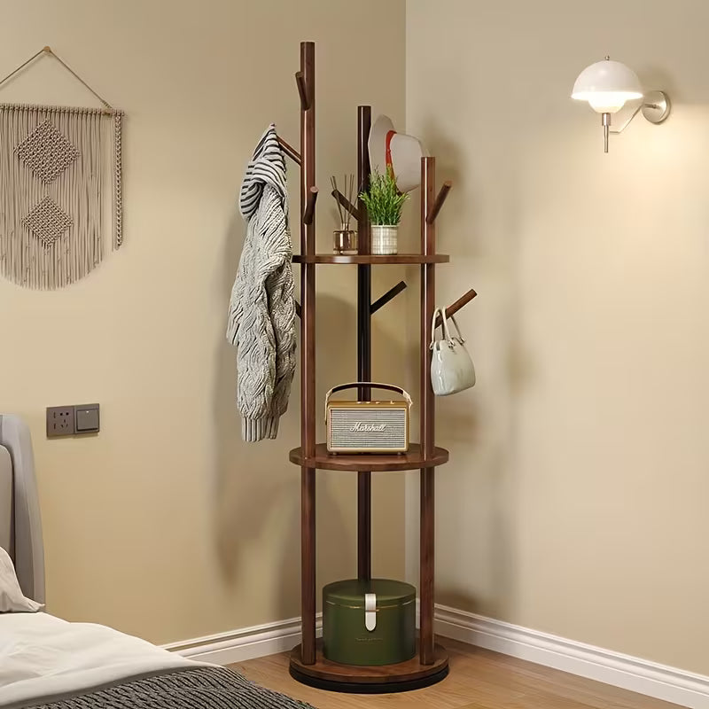 360° Rotating Hardwood Coat Rack – Freestanding Organizer with Hooks, Baskets & Shelves (Wood Color)