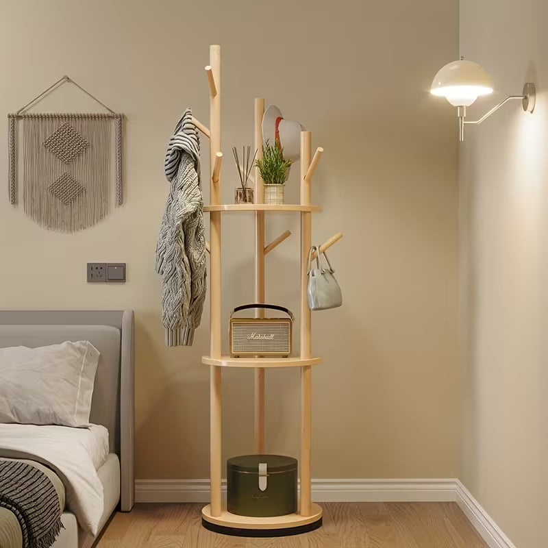 360° Rotating Hardwood Coat Rack – Freestanding Organizer with Hooks, Baskets & Shelves (Wood Color)
