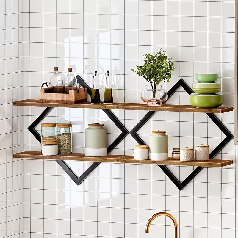 Floating Shelves – Set of 2 Two‑Tier Wall‑Mounted Shelves for Living Room, Bedroom, Kitchen & Office (Country Brown)