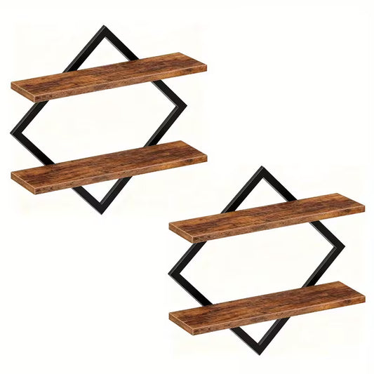 Floating Shelves – Set of 2 Two‑Tier Wall‑Mounted Shelves for Living Room, Bedroom, Kitchen & Office (Country Brown)