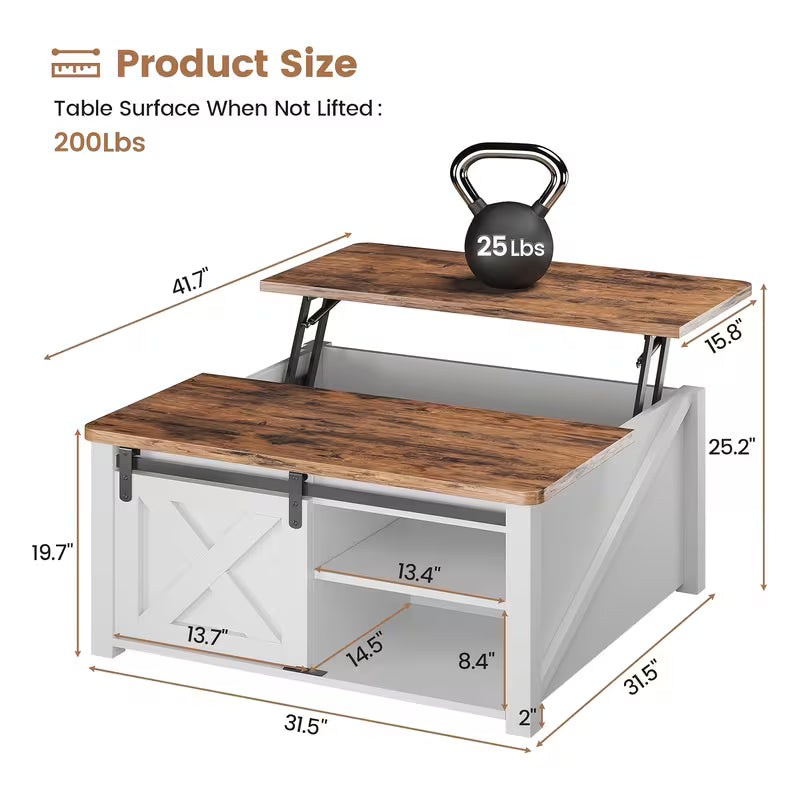 Farmhouse Lift‑Top Coffee Table with Hidden Storage  Square Living Room Table