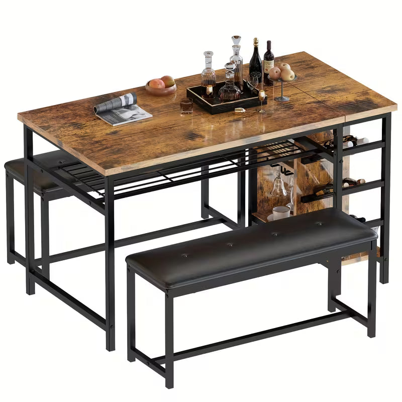 53" Space‑Saving 3‑Piece Dining Table Set with Wine Rack, Glass Holder & Storage – Table + 2 Benches (Brown)