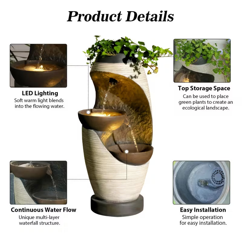 27.95" Indoor/Outdoor Water Fountain with LED Lights – 2‑Tier Resin Bowl Waterfall Fountain