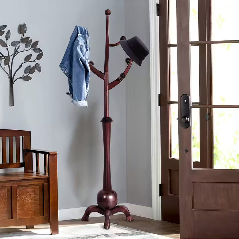 Freestanding Wooden Coat Rack – Tree‑Branch Design with 8 Hooks & Stable Sphere Base (Walnut Brown)