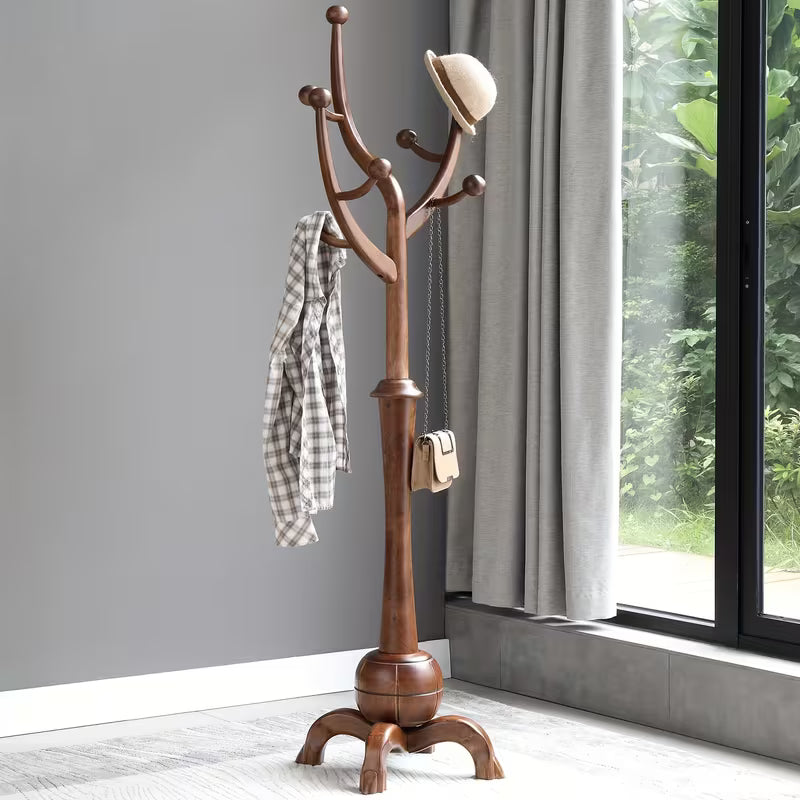 Freestanding Wooden Coat Rack – Tree‑Branch Design with 8 Hooks & Stable Sphere Base (Walnut Brown)