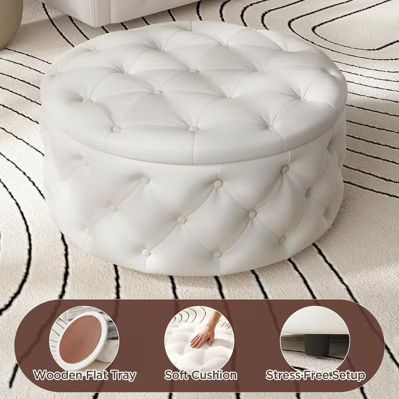 30" Round Storage Ottoman with Removable Lid & Reversible Tray – Button‑Tufted Coffee Table Footrest (Cream White)
