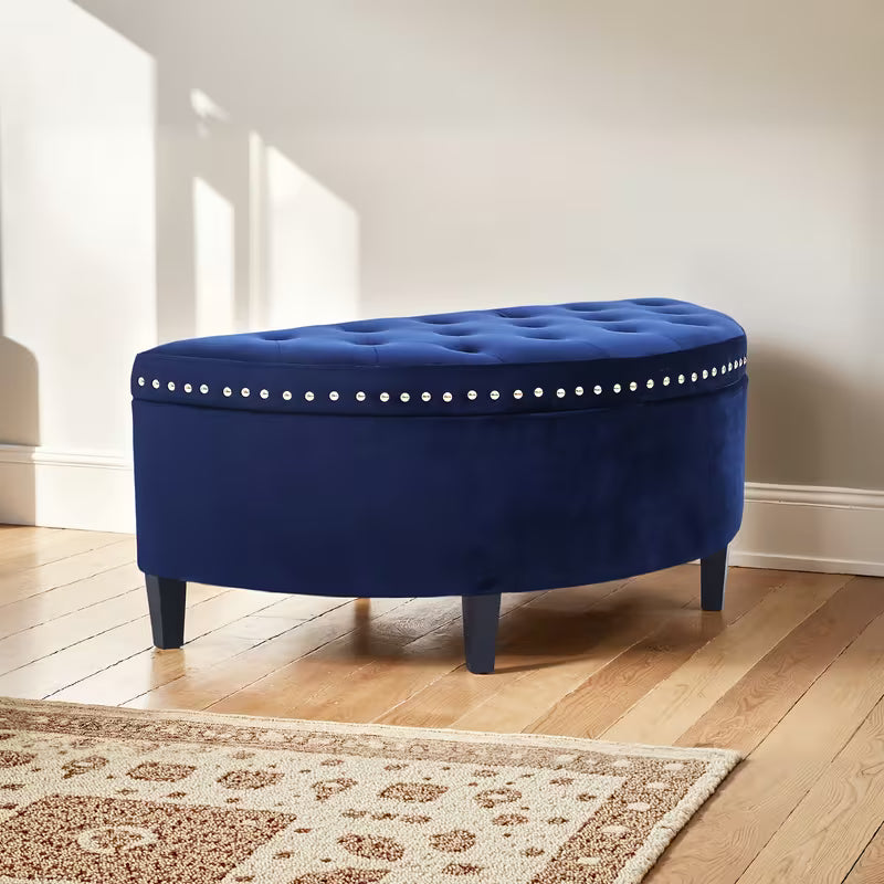 43.5" Velvet Half‑Moon Storage Bench with Tufting, Rivet Trim & Hardwood Frame (Multiple Colors)