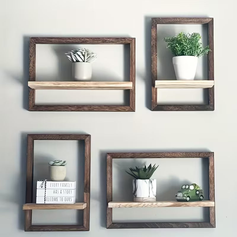 2‑Piece Multi‑Functional Hanging Shelf Set – Black Wood Square Wall Shelves (Contemporary)
