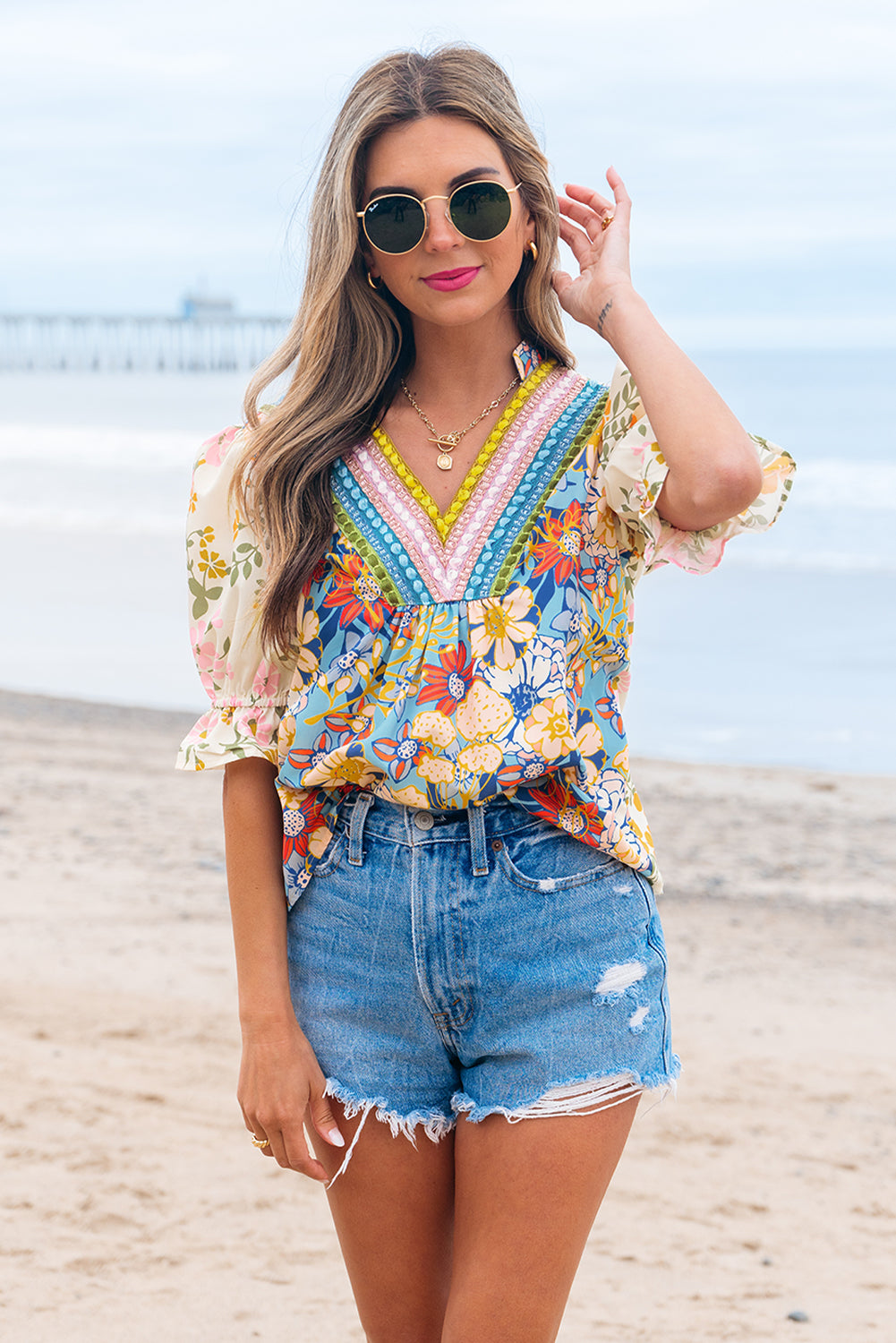 Multicolour Crochet V Neck Half Sleeve Boho Floral Blouse