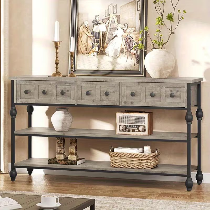 Industrial 3‑Tier Console Table with Drawers – Metal Frame, Open Storage & Rustic Finish
