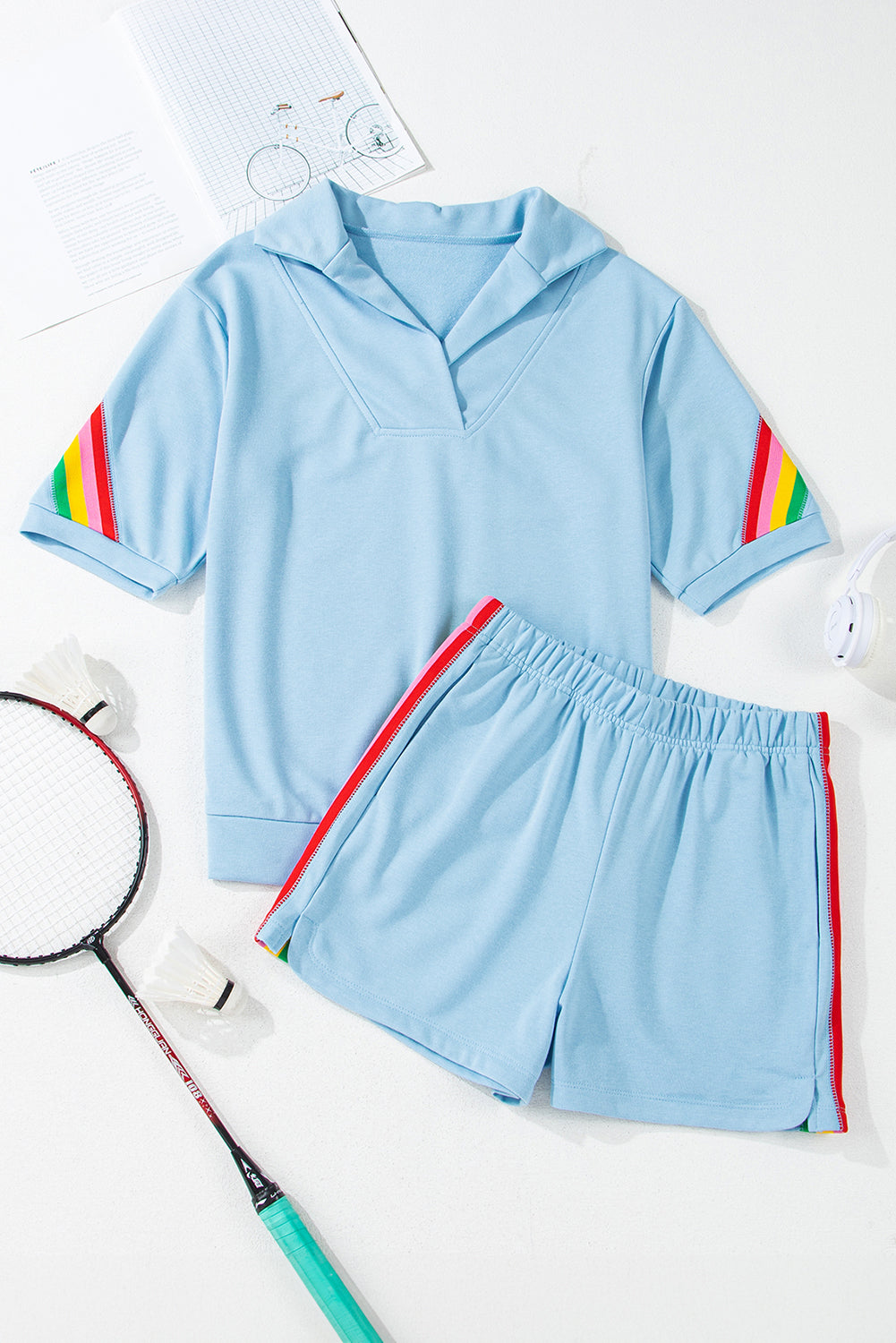 Sea Green Rainbow Colorblock Collared Short Sleeve Top 2 Piece Shorts Set