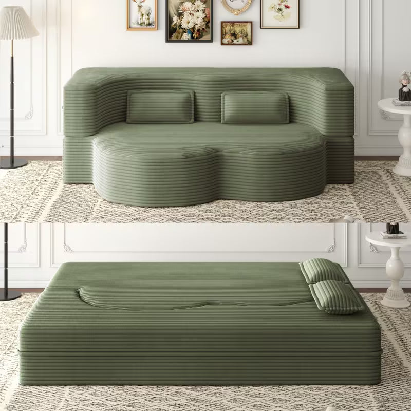 Convertible Corduroy Sofa Bed with 2 Pillows – 15" Full‑Size Folding Mattress, No Assembly Required