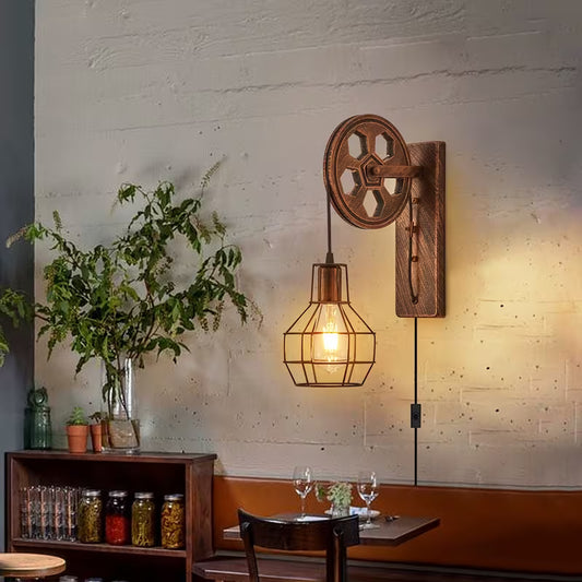 Plug‑In Industrial Wall Lamp Set (2‑Pack) – Retro Farmhouse Cage Sconces with Pulley Bracket & Switch (E26, Bulbs Not Included)
