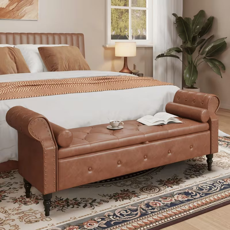 65" Upholstered Storage Bench – Faux Leather Tufted Bed Bench with Rolled Arms & Nailhead Trim (Deep Hidden Storage)