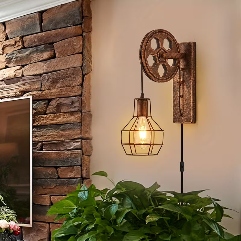 Plug‑In Industrial Wall Lamp Set (2‑Pack) – Retro Farmhouse Cage Sconces with Pulley Bracket & Switch (E26, Bulbs Not Included)