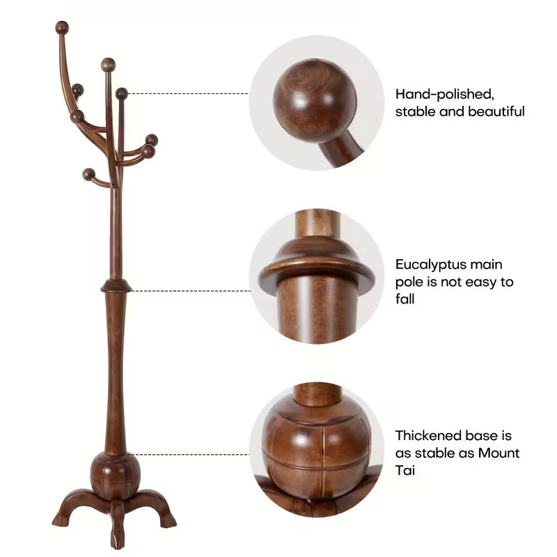 Freestanding Wooden Coat Rack – Tree‑Branch Design with 8 Hooks & Stable Sphere Base (Walnut Brown)