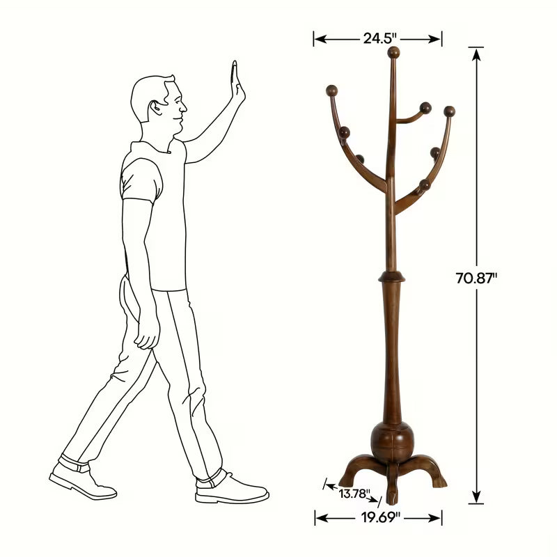 Freestanding Wooden Coat Rack – Tree‑Branch Design with 8 Hooks & Stable Sphere Base (Walnut Brown)