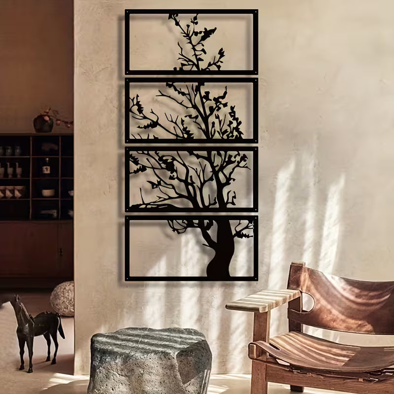 4‑Piece Art Deco Metal Tree Silhouette Wall Sculpture – Modern Botanical Wall Art (Black)