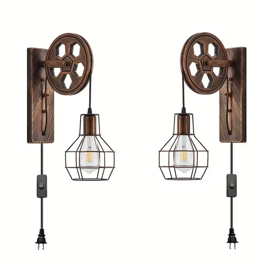 Plug‑In Industrial Wall Lamp Set (2‑Pack) – Retro Farmhouse Cage Sconces with Pulley Bracket & Switch (E26, Bulbs Not Included)