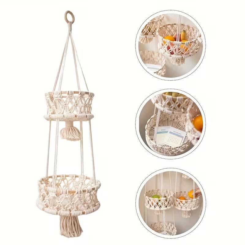 Macrame Hanging Fruit Basket – 1/2/3‑Tier Boho Wall Storage for Fruits, Vegetables & Indoor Plants (Natural Cotton)