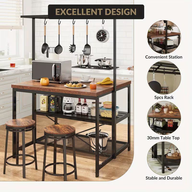 42" Multi‑Functional Kitchen Island with Storage & Seating – 3‑Tier Baker’s Rack, Microwave Stand & Dining Table (Brown)