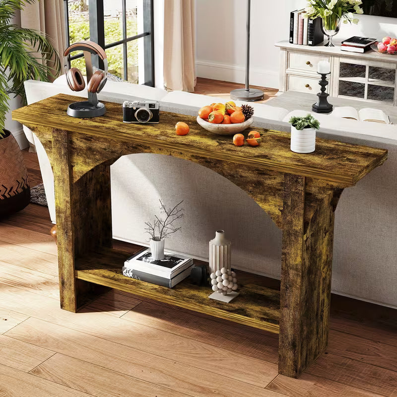 57.5" Solid Hardwood Console Table – Modern Farmhouse Dual‑Level Storage