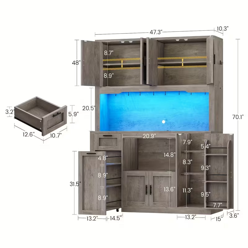 71" Pantry Cabinet with Charging Station & LED Light – Kitchen Storage Cabinet with Microwave Stand & 3‑Tier Storage Cart (Grey)