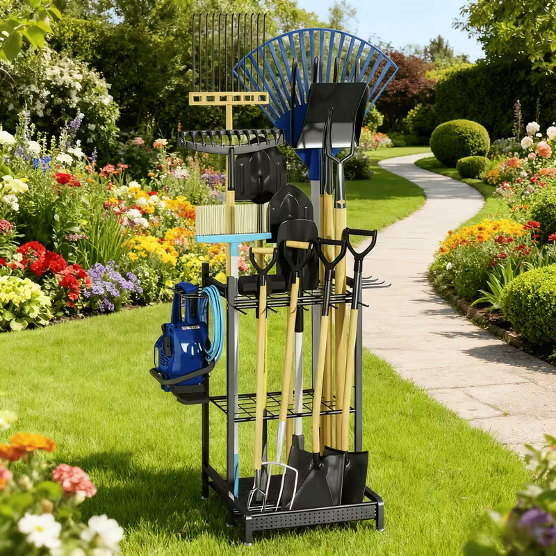 Heavy‑Duty Metal Garden Tool Organizer – Multi‑Tier Standing Tool Rack with Hooks for Long‑Handled Tools