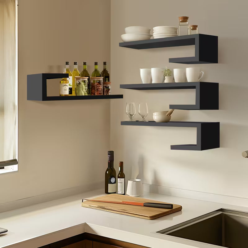 4‑Piece Modern Floating Shelf Set – 15.75" Wall‑Mounted Shelves for Home Storage & Décor (Black / White)