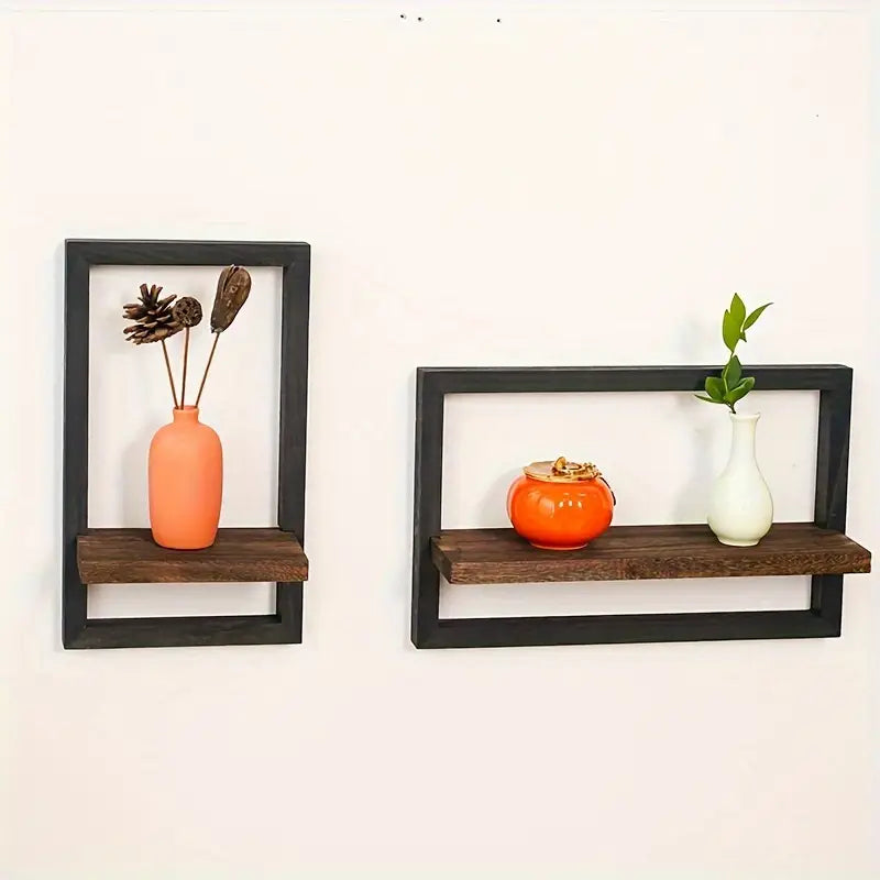 2‑Piece Multi‑Functional Hanging Shelf Set – Black Wood Square Wall Shelves (Contemporary)