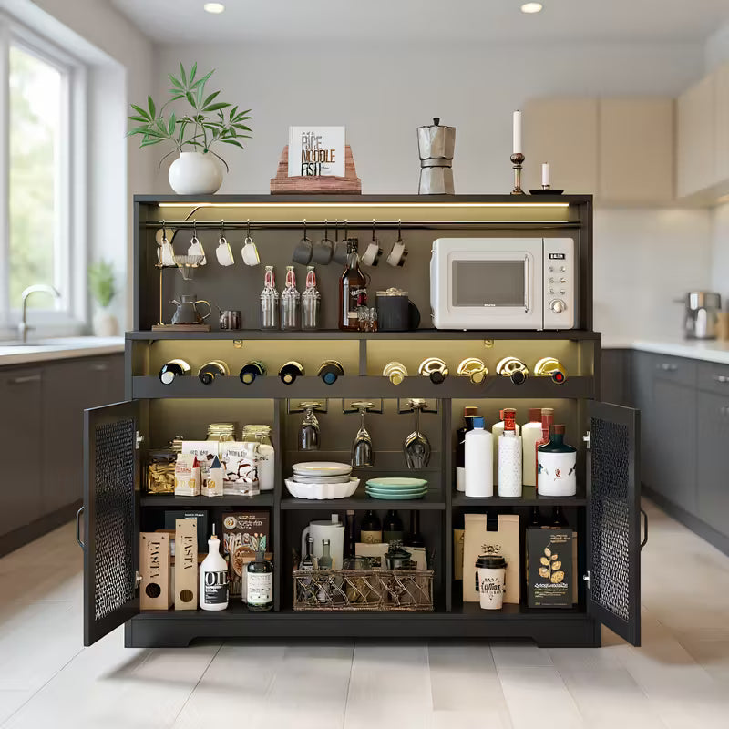 Modern LED‑Lit Storage Buffet with Wine Cabinet, Mesh Door & Glass Bar – Coffee Station Sideboard (Brown/Black)