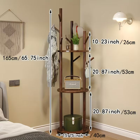 360° Rotating Hardwood Coat Rack – Freestanding Organizer with Hooks, Baskets & Shelves (Wood Color)