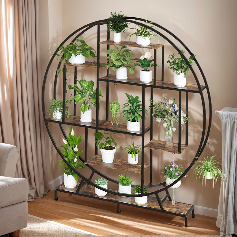 63" Indoor Plant Stand with 5 LED Light Strips – Full‑Moon Round Metal Tiered Shelf for Plant Growing (Black)