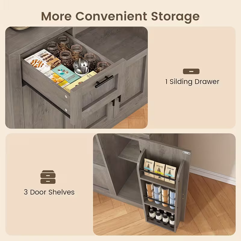 71" Pantry Cabinet with Charging Station & LED Light – Kitchen Storage Cabinet with Microwave Stand & 3‑Tier Storage Cart (Grey)