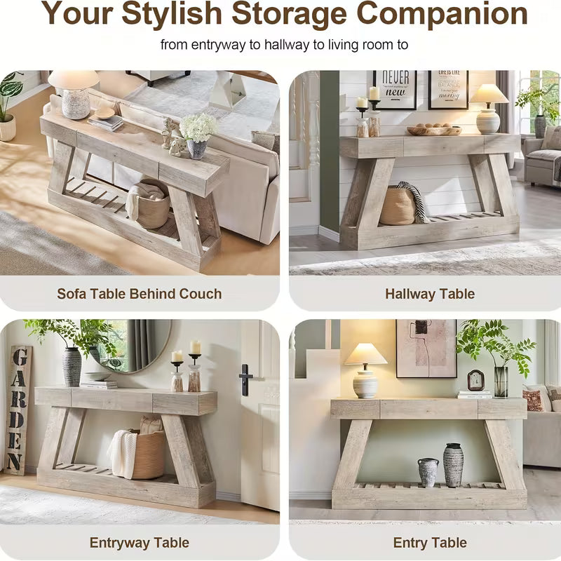 60" Rustic Farmhouse Entry Table – Storage Drawer & Wood Top