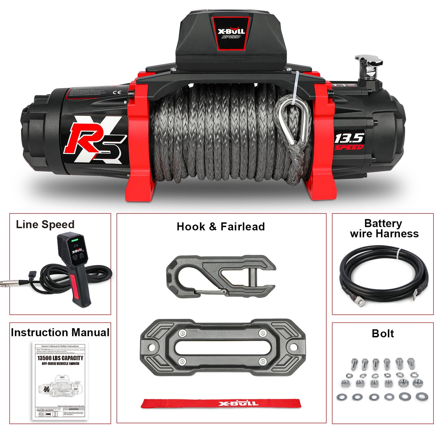 X-BULL 13500 Lb Winch Load Capacity Electric Winch - 12V DC Power Supply For Off-Road Trailers, 2-in-1 Wireless Remote Control, 13500 XRS Series