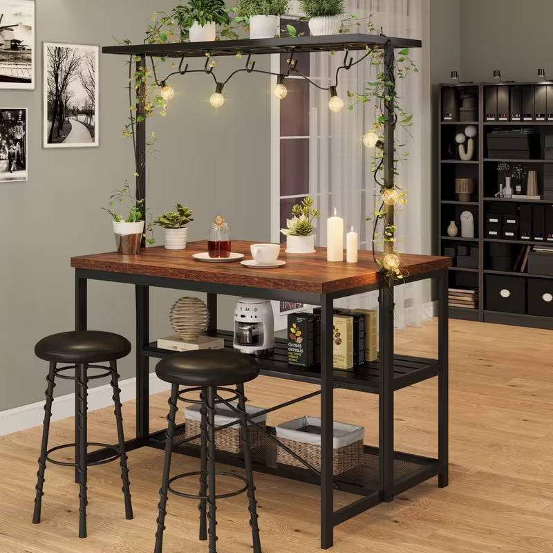 42" Multi‑Functional Kitchen Island with Storage & Seating – 3‑Tier Baker’s Rack, Microwave Stand & Dining Table (Brown)